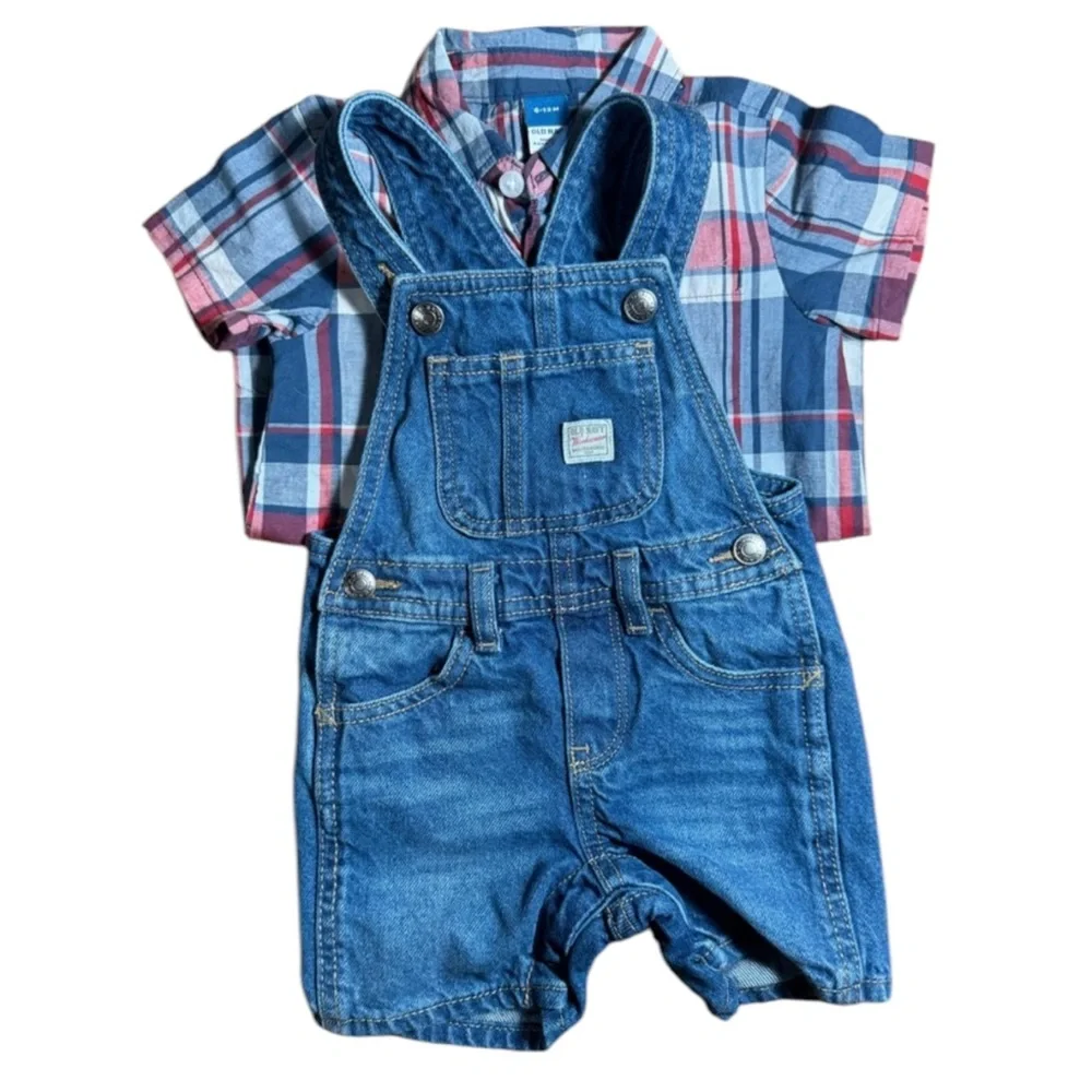 Old Navy 6-12 mo short overalls with plaid short sleeve button down onesie